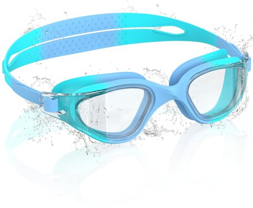 Ambienden Occhiali da Nuoto per Bambini, HD 180° con Visione, Occhialini Piscina per 3-14, Anti-Fog, Protezione UV, Regolazione Rapida, Guarnizione in Silicone, Occhiali da Nuoto Unisex, T-BlueGN