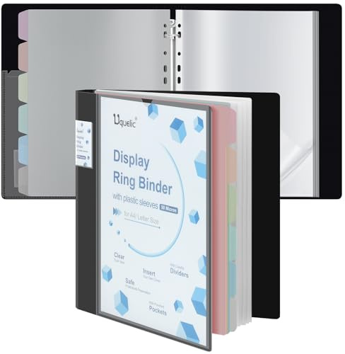 Uquelic Porte-documents à anneaux, classeur de présentation format A4 avec 80 pochettes perforées et 6 séparateurs en PP couleurs macarons, pochettes en plastique pour documents, certificats, avec