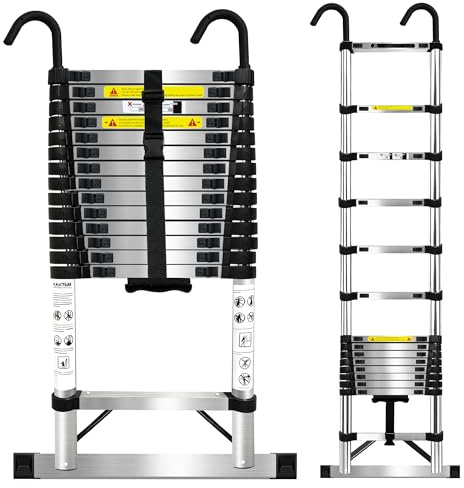 Echelle Telescopique 6,3m de Acier Inoxydable,Escabeau avec Boucle de sécurité,Escabeau avec Barre stabilisatrice pour Toiture Décoration et Entretien Charge 150 KG Argenté