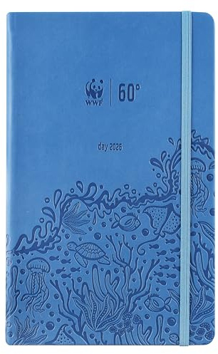 WWF, Large Agenda journalier 2026 12 mois, avec élastique et double signet, 352 pages, avec calendrier et planificateur 2026 cm, 13 x 21 h, bleu clair