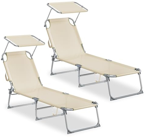 SONGMICS Tumbonas Plegables, 189 x 53 x 28,5 cm, Juego de 2 Tumbonas para Jardín, Cada Una con Carga 110 kg, con Parasol y Respaldo Ajustables, para Terraza y Balcón, Beige GCB294WZ02