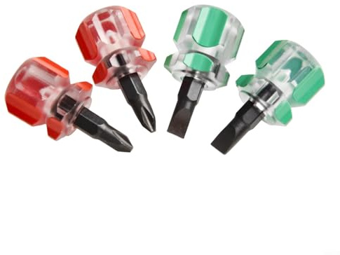 Honseadek Destornillador ranurado para reparación de automóviles, herramienta de mano corta y pequeña de cabeza plana con punta magnética, compacto para espacios reducidos (paquete de 4, rojo y verde)