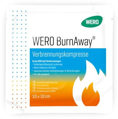 WERO BurnAway® förbränningskompress – Steril hydrogelkompressor för första hjälpen av brännskador, skållning och solbränna – kylande brandsårförband (10 x 10 cm)