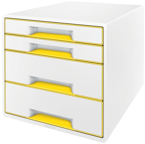 Leitz CUBE Schubladenbox mit 4 Schubladen, Weiß/Gelb, A4, Inkl. transparentem Schubladeneinsatz, WOW, 52132016