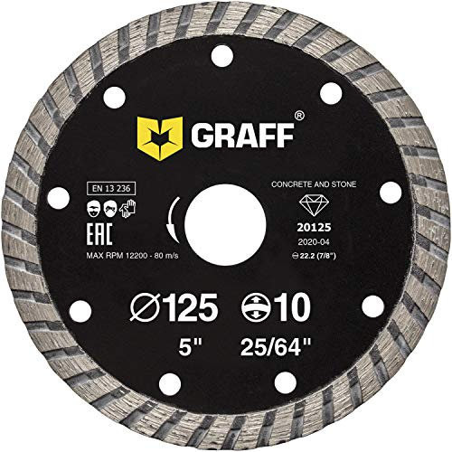 GRAFF Disco Diamantato 125 mm Turbo per Pietra, Cemento, Piastrelle, Pietra Naturale - Disco da Taglio Professionale per Smerigliatrici Angolari - Altezza Segmento 10mm