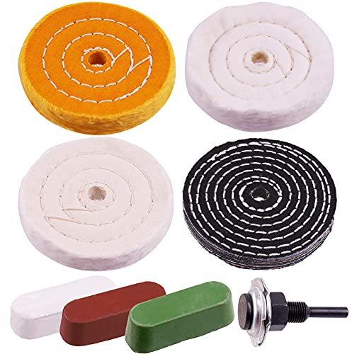 Swpeet Juego de 7 almohadillas de pulido de 4 pulgadas con 3 compuestos de pulido y vástago de taladro de 1/4 pulgadas, algodón blanco (50 capas), algodón amarillo (36 capas), franela (30 capas),