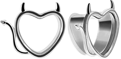 COOEAR 1 par de túneles para los oídos Tapones de carne estilo corazón Calibradores de plata Mujeres Hombres Demon Stretchers Expansor de 8 mm a 25 mm.