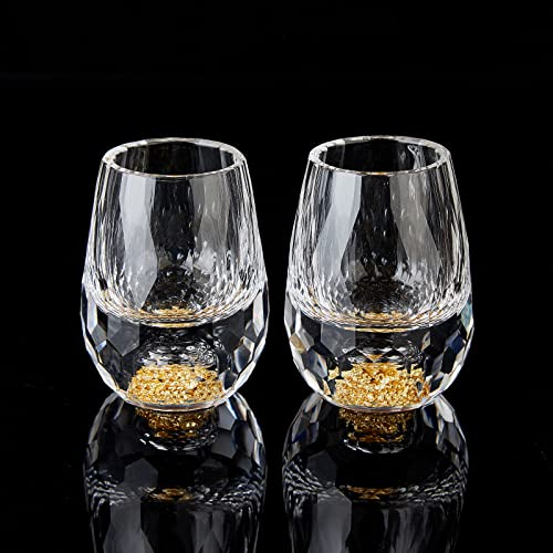 DUJUST Verres à Shot en Diamant 4cl(45ml), Ensemble de Verres à Liqueur en Cristal, Décorés d'or 24 Carats, Tasses à Liqueur Luxueuses et Mignonnes, sans BPA ni Plomb, Cadeau Parfait - 2 pièces