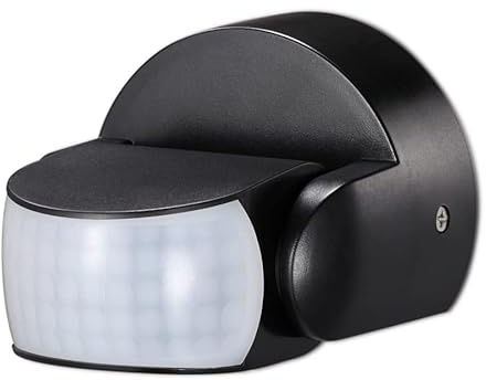 ARUM® - Détecteur de Mouvement Infrarouge Extérieur IP65 - Capteur de Présence Mural Noir - Angle 180° - Portée 12m - Temporisation et Luminosité Réglables - Étanche - Idéal Jardin et Garage