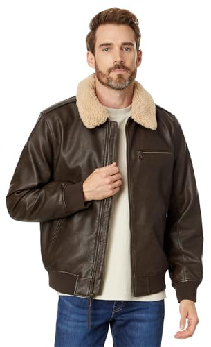 Levi's Men's Faux Leather Aviator Bomber Jacket with Sherpa Collar, Brown, Small