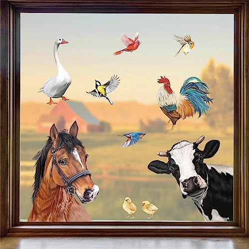 decalmile Fensteraufkleber Bauernhof Tiere Pferde Fenster Abziehbilder Kuh Vogel Hahn Anti-Kollision Fensterfolie Glas Fensterdeko Aufkleber