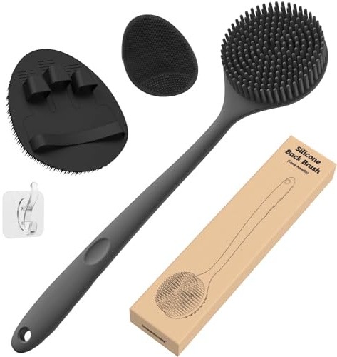 Manmihealth Silicone Back Scrubber (Thick Bristles) & Bath Glove & Face Brush Set (3PCS), Super-Exfoliating & Lathering Body Scrubber, Shower Brush, Face Scrubber Combination, with a Free Hook (Black)