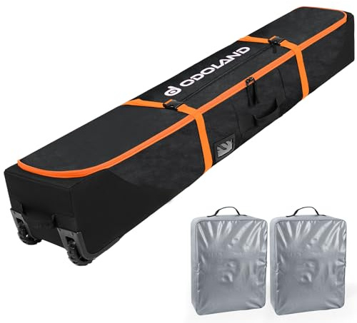 Odoland Bolsa de Esquí con Ruedas Bolsas Acolchadas para Snowboard y Botas de Esquí con Ruedas para Viajes en Avión, Tela Oxford 900D Impermeable, Apta a 2 Pares de Esquís de 170/190 cm, Naranja
