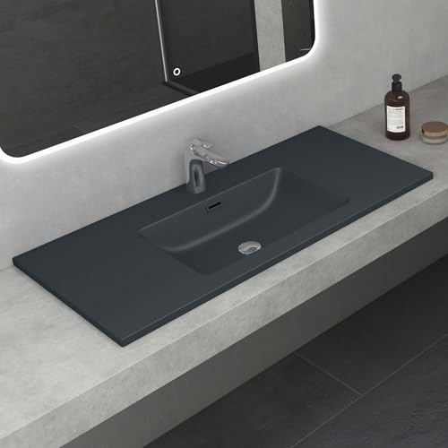Mai & Mai Lavabo Empotrado sobre Encimera Baño Lavabo | Rectangular | Antracita Mate | Mármol Fundido | 100x48x12cm | con Orificio para Grifo con Rebosadero | Colossum02