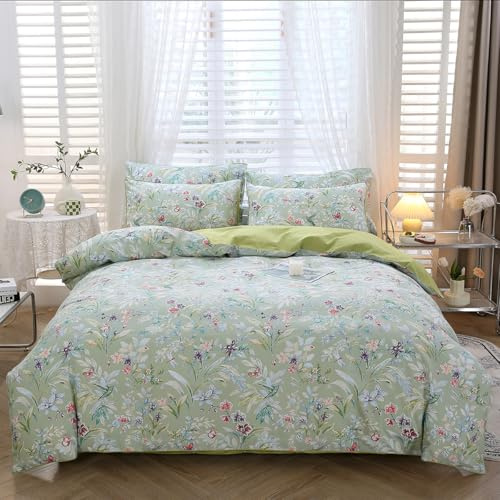 STYHO 3 Pieces Green Floral Duvet Cover Sets King Size Egyptian Cotton Flower Bedding Sets with Pillowcases Ultra Soft Cotton Botanical Quilt Cover Set for Women Adults(Green Floral, King)