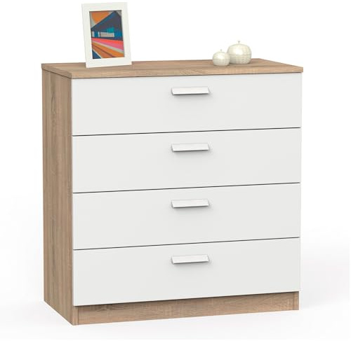 briebe Cómoda Dormitorio, Cajonera 4 Cajones, Sinfonier 78x74x40 cm (Alto x Ancho x Profundo), Habitación Matrimonio, Juvenil, Infantil, Nova Roble Cambrian/Blanco