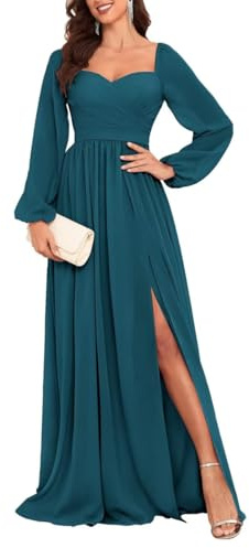 HPPEE Robes de demoiselle d'honneur à manches longues pour femmes, en mousseline plissé, de style A, robe formelle avec fente pour mariage, paon, 42