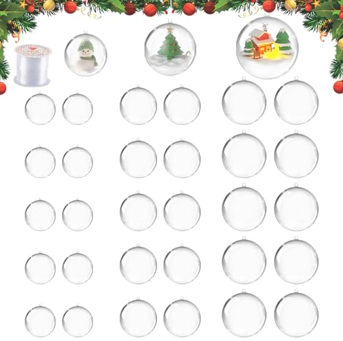 Dellyy Sfera di Plastica Trasparente, 30 Pezzi Palline di Natale Apribili, Palla Decorativa Fai da Te con 50 Metri di Filo Decorativo