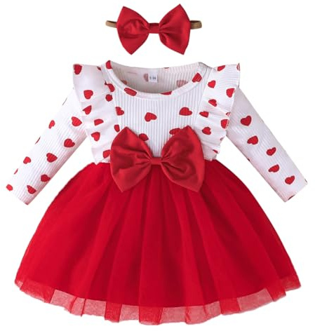 LUVCES Alla hjärtans dag flicka klänning elegant långärmad kärlekstryck bowknot tutu klänning +pannband 2 delar kostym flicka tyll klänningar, C: 2 st rött hjärttryck, 18-24 mesi
