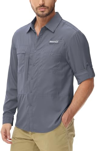 Tyhengta Camicia da pesca da uomo, a maniche lunghe, per attività all'aperto, ad asciugatura rapida, con tasche, grigio scuro, M