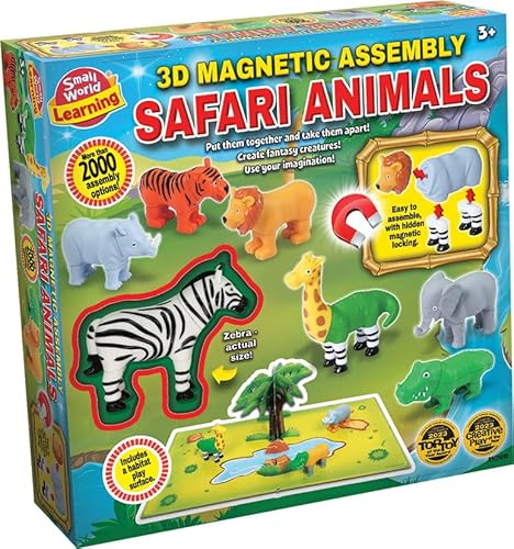 Small World Toys Learning 3D Magnetic Safari Animals Set, 2000+ Assembly Options, Large Educational Toy with Habitat Play Surface, Boys and Girls Ages 3+