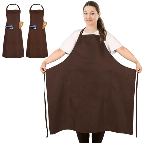 FunChaos 2 Pces Tablier de Chef Café, Tablier Unisexe avec 2 Poches pour Cuisine, Grillades, Barbecue, Travail, Tablier Professionnel pour Serveur, Artiste, Coiffeur (Taille Grande)
