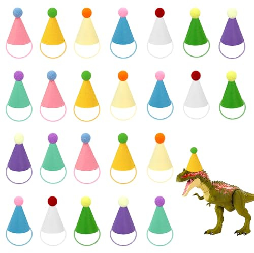 DRANSMIC 24 Pack Mini Party Hats for Stuffed Animals Figures, Tiny Finger Hats for Mini Toys Dinosaur Animal for Birthday Party Decoration Cake Toppers
