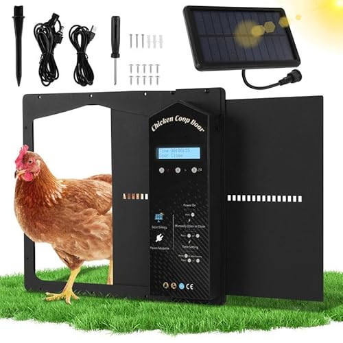 Ollewiellan Puerta automática de gallinero solar, puerta eléctrica automática para gallinero, con sensor de luz, pantalla LCD, temporizador, mando a distancia, protección inteligente contra atascos