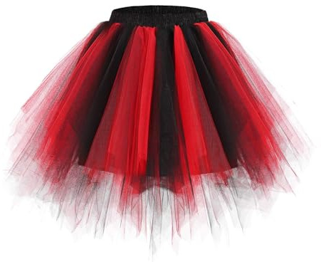 Bridesmay Gonna in Tulle da Donna, Sottogonna Corta per Balletto, Stile Tutu, Anni '50, Rockabilly, Mini Gonna per Carnevale, nero-rosso, L