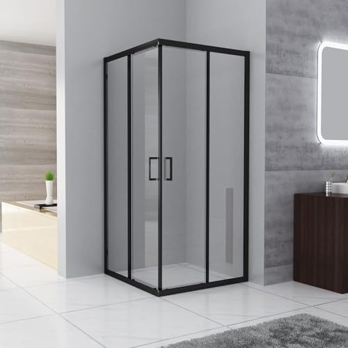 Duschkabine Eckeinstieg 80 x 80 x 185 cm mit Doppel Schiebetüren Duschwand, ESG Klar Sicherheitsglas, Schwarz Rahmen komplett Dusche Glas Duschabtrennung, ohne Duschtasse