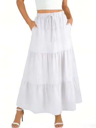 WERFORU Women's Skirts Elastic High Waist Long Skirt with Pockets Elegant Maxi Skirt for Women A-Line High Waist Boho Skirts
