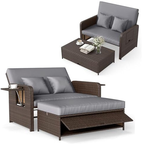 COSTWAY Sofa Exterior de Ratán con Reposapiés de Almacenamiento, 2 Plazas Tumbona Acolchado con Respaldo Ajustable de 4 Nivelesy Mesas Auxiliares Plegables para Jardín y Piscina (Gris)