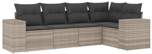 Foknhdi Juego de 5 sofás de jardín de polirratán, gris claro, 62 x 62 x 69 cm, banco de esquina para exteriores, con espacio de almacenamiento, 110 kg, grupo de asientos modulares para balcón, terraza