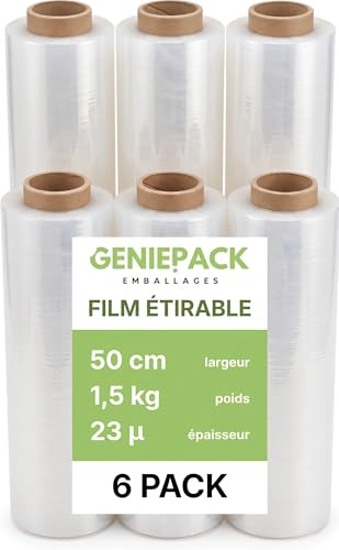 Lot de 6 Rouleaux de Film Étirable Transparent pour Palette – Qualité Industrielle – 500 mm x 23 Microns – 1,5kg par rouleau – Film de Palettisation et/ou Déménagement Ultra Résistant
