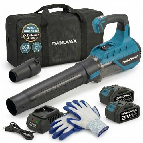 Soffiatore a Batteria, 2 batterie 4 Ah incluse, motore brushless, 3 velocità, grande potenza di soffiaggio fino a 260 km/h, caricatore con base, borsa per il trasporto e guanti inclusi