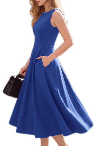 Belle Poque Vestido midi para mujer, sin mangas, cuello barco, espalda en V, vestido de cóctel acampanado con bolsillos para fiesta, diario, trabajo, boda