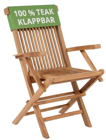 MR. DEKO® Andover Fauteuil Pliant Teck Massif | Chaise de Jardin avec Accoudoirs | Siège de Table Ergonomique Terrasse Balcon Extérieur | Bois Résistant Intempéries 60x53x89cm