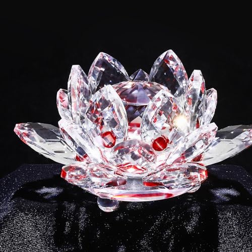 Gnistra kristalllotusblomma – 10 cm nyansreflektion klar kristalllotus för Feng Shui heminredning solfångare ornament eller pappersvikt med presentförpackning (100 mm) transparent röd