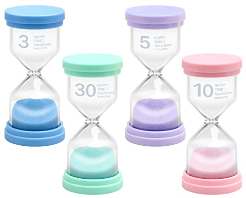 HQCM 4 Stück Sanduhren für Kinder Eieruhren 3 Min 5 Min 10 Min 30 Min Zeitmesser, Zahnputzuhr für Kinder Hausaufgaben Zeitgefühl Lernen, Lehrerbedarf und Spiel des Lebens