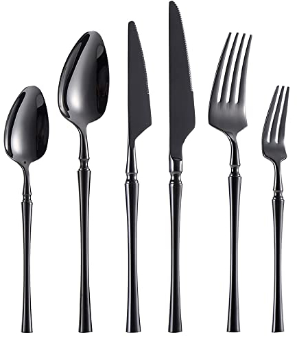 GMAXT Besteck Set für 6 Personen,36 Teilig Verfeinert Edelstahl Essbesteck Set,Besteck inkl.Messer/Gabel/Löffel/Steakmessern,Spiegelpoliert, Spülmaschinenfest (Schwarz)