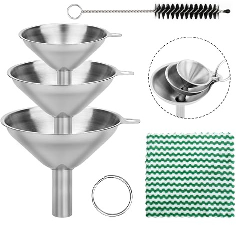Sanrolax 3 stycken trattset i rostfritt stål, rund upphängning, stapelbar tratt liten, med rengöringsborste, handduk, tratt kök oljor, pulver, sylt