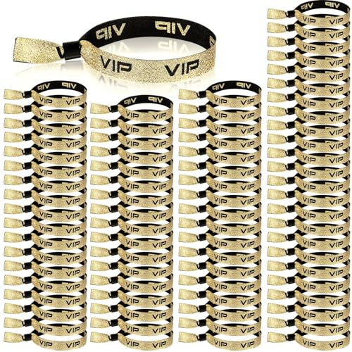 Aoriher 100 Braccialetti VIP in Tessuto Cinturini da Polso VIP d'Ingresso Fasce VIP per Eventi Bracciali VIP di Identificazione con Chiusura per Divertimenti Concerti Compleanni Matrimoni(Dorato)