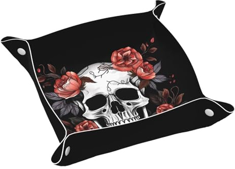 SHIRMDIY Hippie Flowers Skull Faux Leather Jewelry Catchall Tray Trinket Dish, Rock and Roll Valet Tray Portable Desk Storage for Keys Wallet Watch-7.9X7.9 In