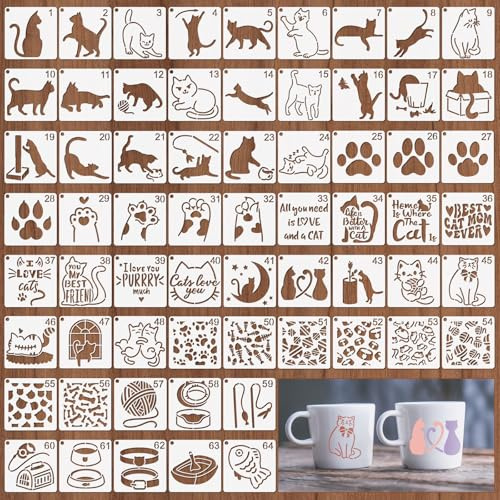 OOTSR 64Pezzi Stencil per Pittura Riutilizzabile,10cm Modello di Pittura Plastica DIY Scrapbooking Legno Pareti Gatto Design Decorativi