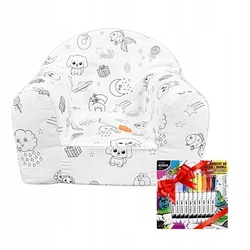 FORTISLINE - Poltrona per bambini a partire da 1 anno Divertimento Oeko-TEX + pennarello per tessuti - Rivestimento lavabile da colorare - Sedia per bambini rotonda 40 x 39 x 33 cm - Poltrona
