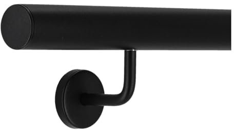 TIBU Pasamanos de aluminio negro 30-600 cm pasamanos de pared escalera soporte de acero inoxidable en ángulo, longitud 150 cm con 2 soportes y tapa recta