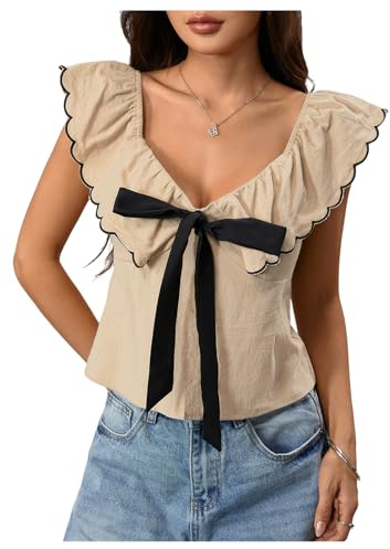 MakeMeChic Women's Bow Tie Front Sweetheart Blouse Ruffle Cap Sleeve Dressy Crop Tops Apricot Large