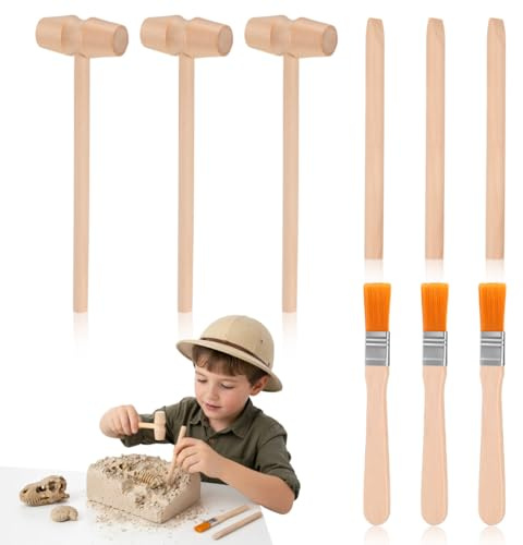 Didiseaon Dinosaur Digging Tools Toy Set 9Pcs Wooden Hammer Brush Stem Educational Excavation Kit for Kids Science Learning Activity