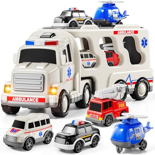 JUKUDAHU 5-IN 1 Play Ambulance Toy Vehicle Toddler Truck Toys for 3 4 5 6 7 Year Old Boys - Friction Powered Cars with Light and Sound, Police Car, Fire Truck, Ambulance Car, birthday gifts for kids