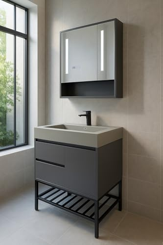 WITIT ARREDO BAGNO SET COMPLETO MOBILE BAGNO SOSPESO IN LEGNO BC008 DA 70 CM O 90 CM GRIGIO SCURO CON 2 CASSETTI LAVABO SABBIA IN CERAMICA E SPECCHIERA CON LED E VETRO RISCALDABILE (70 cm)